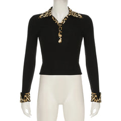 Hnewly y2k Tops Women Fairycore Clothes Sexy Leopard Print Lapel Collar Long Sleeve T Shirts 2000s Grunge Clothing Streetwear