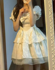 Hnewly DRESS TO IMPRESS Korean Sweet Kawaii Dress Women Summer 2024 White Japanese Cute Party Mini Fairy Dress Bubble Sleeve Casual France Elegant Dress