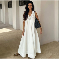 Hnewly Loose White Holiday Long Dress Women Elegant V-neck Sleeveless Backless A-line Beach Dresses Summer Lady Casual Chic Robes