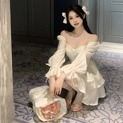 Hnewly Summer Fashion Sweet Cake White Short Dresses Femme High Waist Long Sleeves Dress Fairy Elegant Lace Evening Dresses for Women