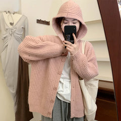 Hnewly Hooded Cardigan Sweater for Women Morandi Pink Blue Button-Up Knitted Hoodie Jacket Autumn Winter Teen-girl Slouchy Knitwear