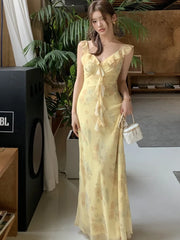 Hnewly French Women's Elegant Floral Printed Dress V-Neck Slim Fit Flying Sleeve Long Dresses Vacation Holiday Sexy Travel New Vestidos