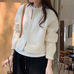 Hnewly Sweater y2k Clothes Women Soft Warm Solid Color Round Neck Zip Up Long Sleeve Knitted Tops 2000s Clothing Streetwear