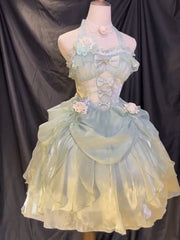 Hnewly Japanese Original Lolita Elegant Lady Green JSK Halter Dress Princess Style Bow Sweet Cute Puffy Dress