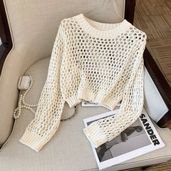 Hnewly Hollow Sun Protection Shirt Women's Summer Loose Pullover O-Neck Puff Long Sleeve Air Conditioning Knitwear Korean Retro Top