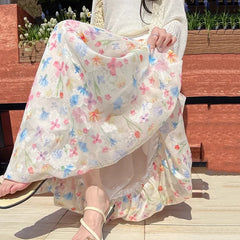 Hnewly Colorful Printed Flower Bud Long Skirts Women Summer High Waist Embroidery Skirt Woman Pleated A Line Midi Skirts Female