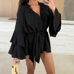 Hnewly Women's Fashion V-neck Solid Color Elegant Long Sleeve Mini Dresses Women Fashion Irregular Loose Ruffle Holiday Mini Dress