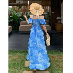 Hnewly Plus Size Floral Print Summer Dress Women's Vacation Style Asymmetrical Hem Empire Waist Slimming Skirt Ankle Length Short Sleev