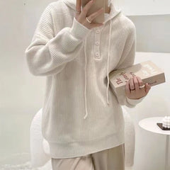 Hnewly Hooded Sweater for Women Loose Button Front Long Sleeve Rib Knit Pullovers Hoodie Fall Winter Teen-girl Casual Chic Outfit