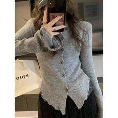 Hnewly Y2k Grey Vintage Women Kint Sweater Harajuku Long Sleeve Cardigan Irregular Korean Fashion Slim Autumn Jerseys Casual