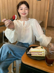 Hnewly Women Casual Chic Puff Sleeve Loose Elegant Spring Retro All-match Kawaii Ladies Summer New Solid Korean Style Button