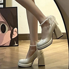 Hnewly Platform Ladies High Heels Elegant Bow Square Toe Black High Heels Fashion Thick Heel Wedding Party Pearl Lace Wedding Shoes