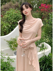 Hnewly Summer New Flowers Korean Fashion Irregular T-Shirt Top Women's French Elegant Pastoral Casual Long Skirt Two Piece Set