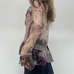 Hnewly Vintage Transparent Crop Top with Slit 90s Mesh Print Ruffles Patchwork Full Sleeve Bandage Women T-shirt Grunge y2k Tees