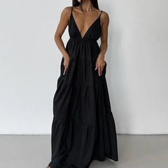 Hnewly Long Skirt Sexy Open Back Temperament Strap Skirt Vacation Style Dress