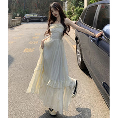 Hnewly Elegant Satin V Neck Dress Women Y2K Korean Chic Ribbon Slim Midi Dress Summer Sexy Hollow Out Folds Sleeveless Vestidos Mujer