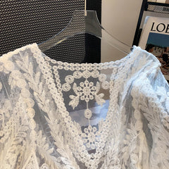 Hnewly Boho Lace Top with Paisley Embroidered Long Sleeve See-through Blouse Openwork Mesh Top Women Summer Cover Up Vacation Outfit