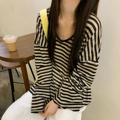 Hnewly FALL OUTFIT Harajuku Y2k Top Black Apricot Striped T-Shirt 2024 Autumn Baggy Casual Long-Sleeved Top Woman Clothes Grunge Korean Fashion
