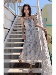 Hnewly Dresses Women Sleeveless Floral Printed Bandage Slash Neck French Style Summer Fashion Female Dress Holiday Casual