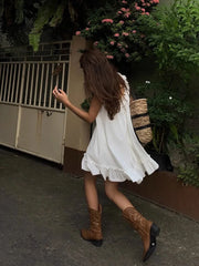 Hnewly White Sleeveless Ruffles Mini Dress Women Casual Boho Beach Sundress Cute Girl Home Dresses Loose Summer Dress Oversize