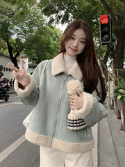 Hnewly Faux Suede Lamb Jackets Women Winter Warm Thick Sweet Cute Short Coat Korean Vintage Loose Long Sleeve Preppy Style Tops
