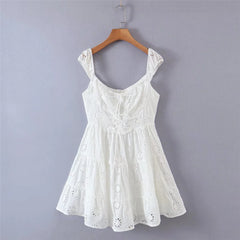 Hnewly Short sleeve white dresses for women Summer mini lace dress elegant white kawaii dress hollow out lace up dress puff sleeve