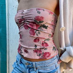 Hnewly Holiday Retro Floral Print Tube Top Women Kawaii Pink Folds Stitching Bow Crop Tops Summer Casual Lace Patchwork Tees y2k