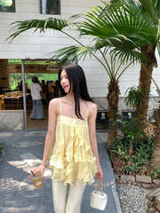 Hnewly Camis Women Sweet Ruffles Patchwork Slash Neck Backless Summer Fashion Solid Tank Tops Female French Style Chic