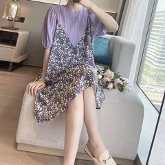 Hnewly Women's Casual Korean Fake Two Pieces Printed Dress Summer Loose Fashion Round Neck Patchwork Chiffon Dresses Female Clothing