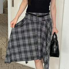 Hnewly Preppy Style Plaid Print Skirt Grey Low Rise Loose Irregular A-line Midi Skirts Women Harajuku Clothes y2k Streetwear New