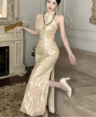 Hnewly Woman Dress Stand Collar Sleeveless Floral Split Sexy Hollow Out Vintage Summer Fashion Temperament Dresses Party