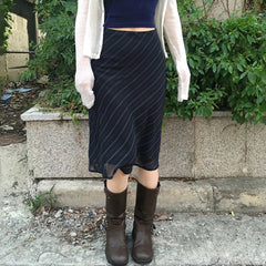 Hnewly Elegant Mesh Striped Print Midi Skirt Cute Bow Stitching Low Rise Straight Skirts for Women Vintage 2000s Clothing Summer