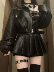 Hnewly Y2K Black Dress Set Women Casual High Street PU Coat + Elegant Party Y2k Mini Dress Korean Fashion Leather Suit Spring Chic