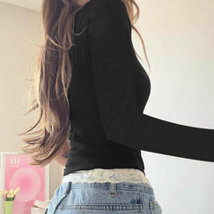 Hnewly Contrast Lace Stitching Cropped Top Women Autumn Fake Two-piece Patchwork Full Sleeve T Shirt y2k Vintage Casual T-shirts