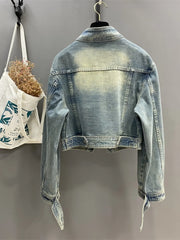 Hnewly Women Standing Collar Denim Short Jacket Washed Polished White Retro Motorcycle Outwear Spring Fashion Slim Long Sleeved Top