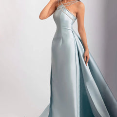 Hnewly Sparkly Beaded Spaghetti Straps Blue Evening Dresses Satin Sleeveless Prom Dress Women Formal Occasion Wedding Party Gowns