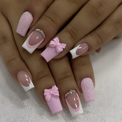 Hnewly Pink French Style Fake Nails 3D Bowknot Designs Short Square Press on Nails Sweet Korean Fashion False Nails for Women and Girls