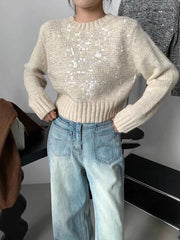 Hnewly Fashion Sequin Short Sweater for Women's Spring Autumn New Soft Knitted Top Pullover Casual Round Neck Loose All-matched Top