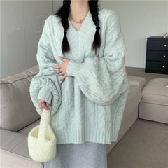 Hnewly Autumn Winter Harajuku Women Sweater Cute Oversized Knitted Pullover Korean Long Sleeve V Neck Sweater Preppy Solid Loose Jumper