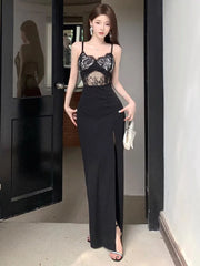 Hnewly Woman Dress Sleeveless Hollow Out Sexy Elegant Slim Split Lace Patchwork V Neck Backless Party Dresses Female Fashion