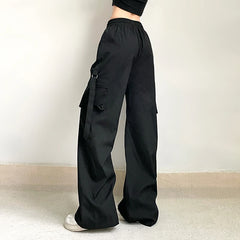 Hnewly Black Baggy Cargo Pants Harajuku Low Rise Loose Straight Pants Korean Style Streetwear y2k Trousers Aesthetic Women Basic