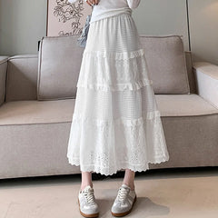 Hnewly New Lace Pleated Skirts for Women Spring Autumn White Hollow High Waist Skirts Woman Elastic Waist A-Line Skirt Mujer