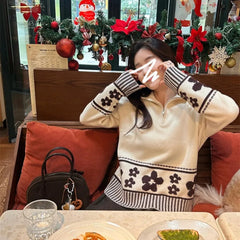 Hnewly Half Zipper Knit Cardigan Sweater Women Pullovers Cozy Loose Sweater Jacket Collared Long Sleeve Floral Print Fall Winter Outfit