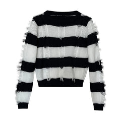 Hnewly Loose Stripe Hole Knitted Sweater Women's 2025 Autumn Winter New Retro Japanese Short Pullover Tassel Versatile Tops