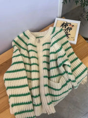 Hnewly Green Striped Zippered Sweater Knitted Cardigan Women's Spring Autumn O-Neck Top New Loose Harajuku Long Sleeved Outwear
