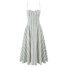 Hnewly Striped Floral Print Bra with Wire Corset Style Sling Dress Women Low Waist Ruched Pleated Swing Midi Long Dresses Robe
