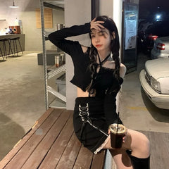 Hnewly Black Lace Goth Skirt Women Streetwear Chic Belt Mini Fairy Grunge Skirts Patchwork Design Sexy Causal Skirts Womens Summer