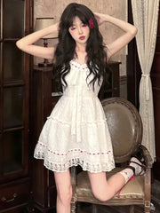 Hnewly 2000s Vintage Elegant Mini Dress Women Sweet Lace Hollow Out Sleeveless Dress Summer Birthday Party Strap Dress French