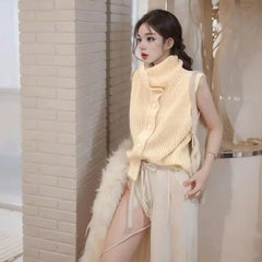 Hnewly Button Up Sweater Vest for Women Soft Comfy High Neck Sleeveless Knit Vest Slouchy Knitwear Female Autumn Winter Casual Outfit