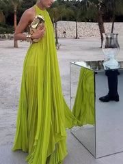 Hnewly Sexy Backless round Neck Sleeveless Beach Dress Women's Vacation Style Loose Waist Soft Polyester Gored Skirt Long Summer Dress